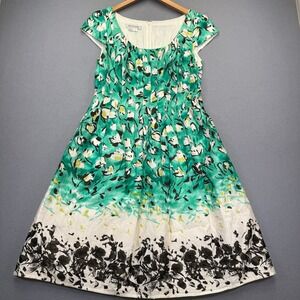 Kay Unger New York Green Floral Fit Flare Dress Cap Sleeve Size 10 8262